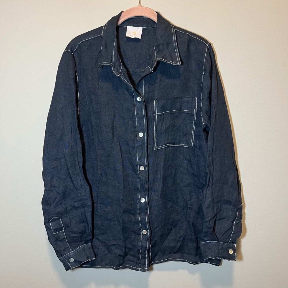 Milio Milano Women's Linen Button Down Shirt Navy Blue Contrast Stitch Italy M